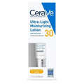 A person gently applying CeraVe Ultra-Light Moisturizing Lotion on their cheek, showing lightweight texture.