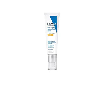 CeraVe Ultra-Light Moisturizing Lotion SPF 30 in a sleek white and blue tube placed on a marble surface.