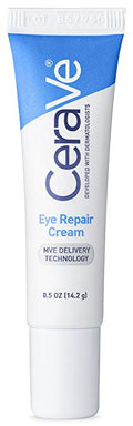 Before and after image showing reduced puffiness and dark circles after regular use of CeraVe Eye Repair Cream.
