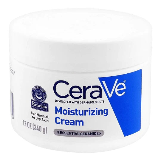 CeraVe Moisturizing Cream in a white and blue jar, designed for dry to very dry skin, featuring key ingredients like ceramides and hyaluronic acid.
