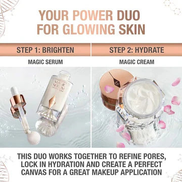 Model applying serum on cheeks, showing dewy and glowing skin

