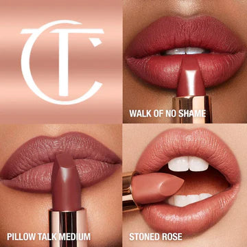 Charlotte Tilbury mini matte lipstick trio placed in festive holiday packaging

