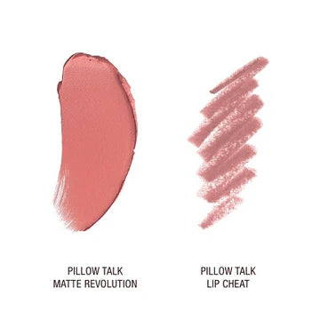 Charlotte Tilbury Pillow Talk Mini Lip Set displayed with open lipstick and liner on a marble vanity

