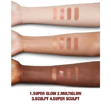 Close-up swatches of the face palette on medium skin showing glow and contour payoff

