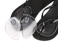 Black flip-flops with clear sandal inserts on a white background