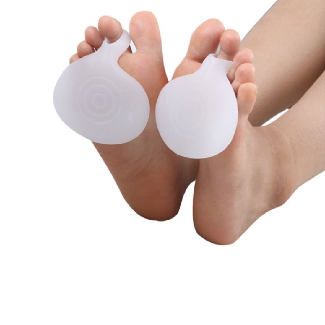 White bunion corrector on a foot with a close-up of a bunions on a white background