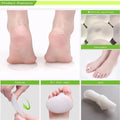 Product features of a foot cushion with images of feet, material, cushioning, fit, and softness.
