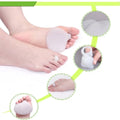Bunion corrector being worn on a foot with close-up insets showing its use.