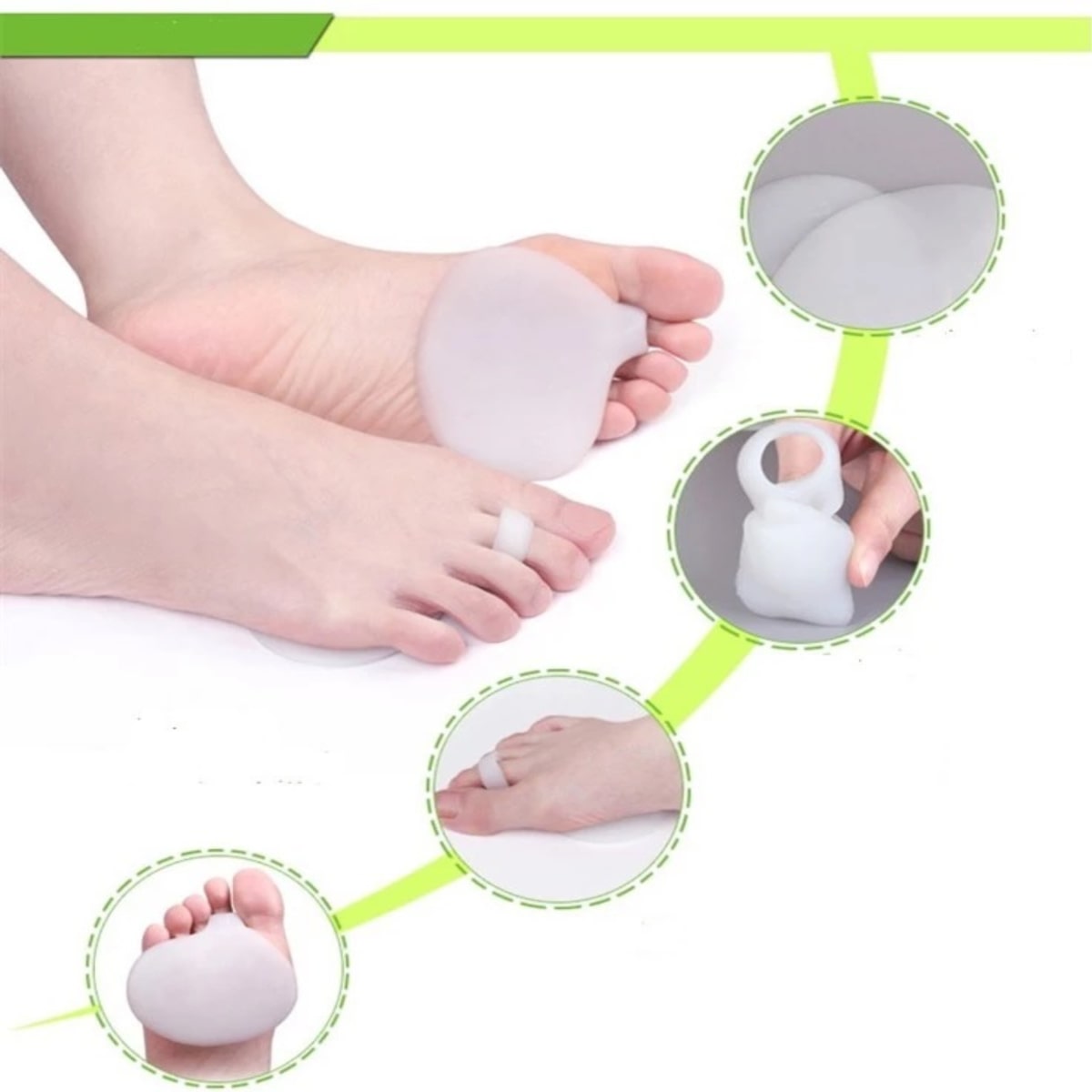 Bunion corrector being worn on a foot with close-up insets showing its use.