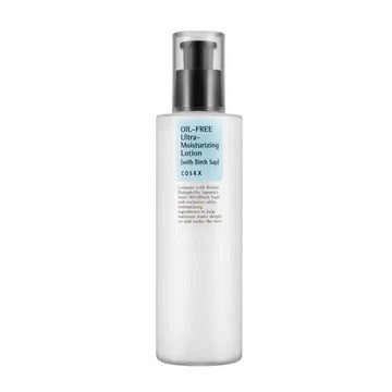 Front-facing product shot of COSRX Oil-Free Ultra Moisturizing Lotion in its 100ml bottle, featuring the brand's minimalist packaging with key labels: 'Oil-Free' and 'Birch Sap.' The white and green packaging highlights its lightweight, hydrating formula designed for combination to oily skin types