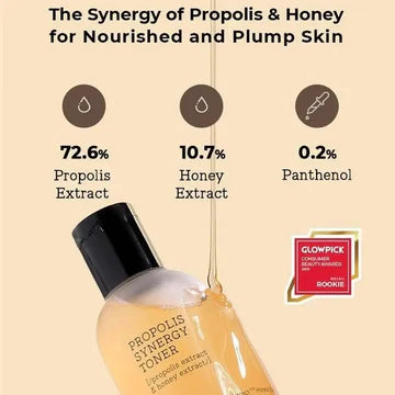 Close-up of COSRX Propolis Synergy Toner 150ml packaging, highlighting golden bottle with key ingredient callouts: 72.6% propolis extract, 10.7% honey extract, and 0.2% panthenol for nourished, glowing skin