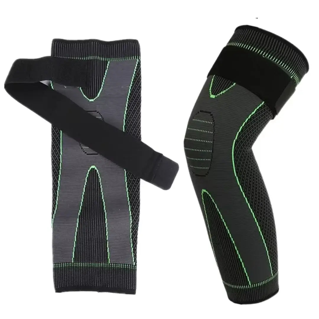 Gray knee brace with black straps on a white background
