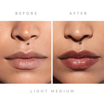 Close-up of lips before and after applying plumping gloss