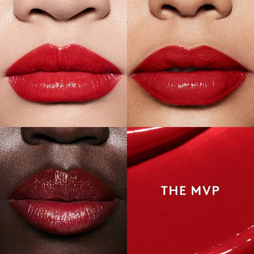 Multiple shades of the lipstick swatched on the arm, showing versatile color options.

