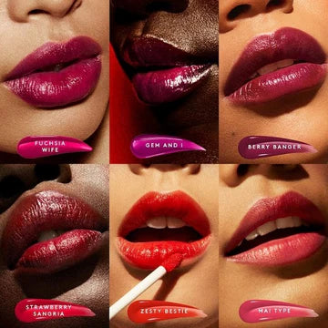 A model applying the lip stain, showcasing the hydrating and glossy effect on lips.

