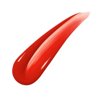 Glossy lip stain applicator with a vibrant color swatch, showcasing a hydrating finish.

