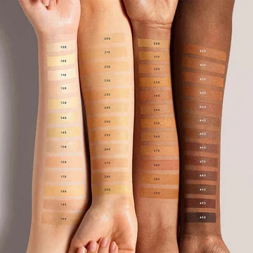 Swatches of different foundation shades on various skin tones