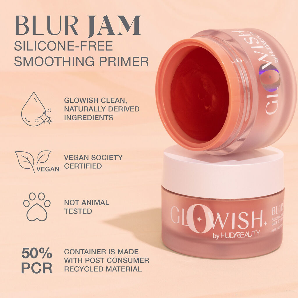 GloWish Blur Jam Silicone-Free Smoothing Primer by Huda Beauty, the secret weapon for a filtered, airbrushed finish—no silicone, just glow goals.