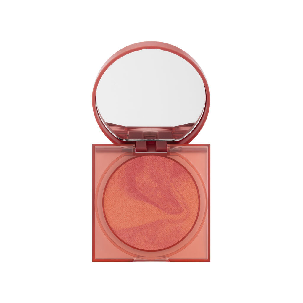Cheeky Vegan Blush Powder in open compact with mirror, showcasing its marbled velvety formula in a coral-pink shade. The blend delivers a fresh-faced, natural flush with a radiant soft-focus glow