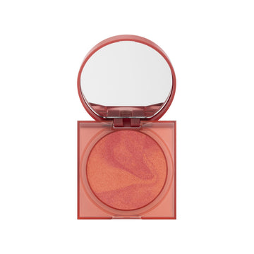 Cheeky Vegan Blush Powder in open compact with mirror, showcasing its marbled velvety formula in a coral-pink shade. The blend delivers a fresh-faced, natural flush with a radiant soft-focus glow