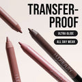 HUDA BEAUTY Bombshell Lip Duo packaging highlighting transfer-proof, ultra-glide formula with all-day wear claims