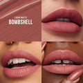 Close-up of HUDA BEAUTY Liquid Matte Lipstick in Bombshell shade - a pinky nude liquid lipstick