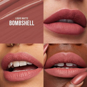 Close-up of HUDA BEAUTY Liquid Matte Lipstick in Bombshell shade - a pinky nude liquid lipstick