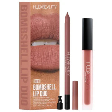 HUDA BEAUTY brand logo with Bombshell Lip Duo title, featuring coordinating lip liner and liquid lipstick