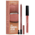 HUDA BEAUTY brand logo with Bombshell Lip Duo title, featuring coordinating lip liner and liquid lipstick