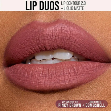 HUDA BEAUTY brand logo with Bombshell Lip Duo title, featuring coordinating lip liner and liquid lipstick