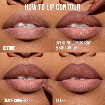 Step-by-step diagram showing how to contour lips using HUDA BEAUTY lip products, including overlining cupid's bow and bottom lip