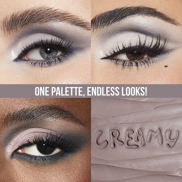 Huda Beauty Creamy Obsessions Eyeshadow Palette in Greige - 9-pan compact featuring cream-to-powder shadows in grey, purple, and pink tones with matte, metallic, and marble finishes