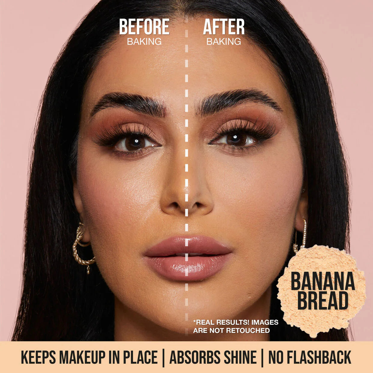 HUDA BEAUTY Easy Bake Loose Powder in Banana Bread, showing before-and-after results with text like 'Baking,' 'Banana Bread,' and claims such as 'Keeps makeup in place,' 'Absorbs shine,' and 'No flashback.' The label emphasizes real, unretouched results