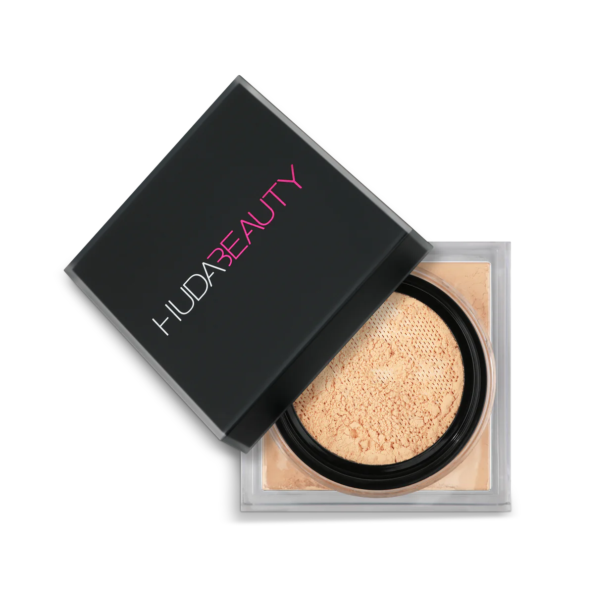 HUDA BEAUTY Easy Bake Loose Powder packaging in Banana Bread, showcasing product labels like 'Easy Bake Family,' 'Easy Bake & Snatch,' and 'Easy Bake Mini' with brand name and variant details.
