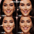 HUDA BEAUTY Easy Bake Loose Powder in Banana Bread, featuring a step-by-step guide labeled 'How to Easy Bake': 1. Conceal, 2. Bake, 3. Blend, 4. Snatch