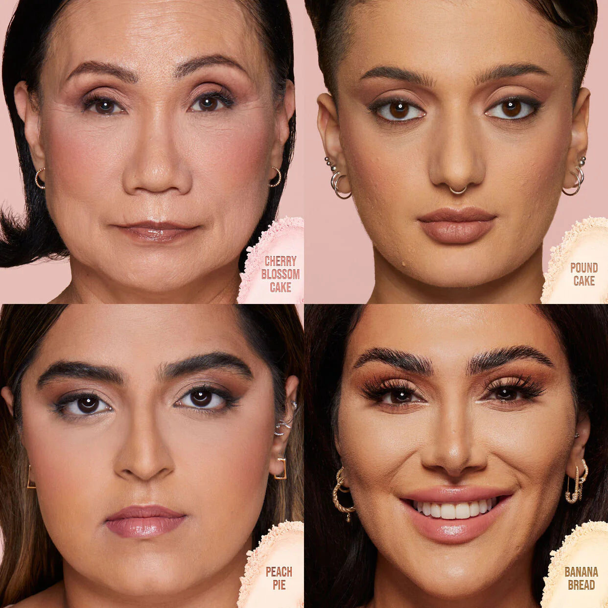 HUDA BEAUTY Easy Bake Loose Powder shade options, including Banana Bread, Cherry Blossom Cake, Pound Cake, and Peach Pie, listed in a clean, text-based layout