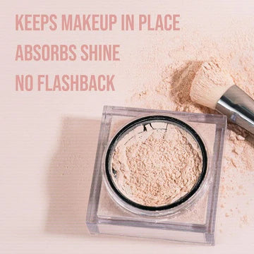 Close-up of HUDA BEAUTY Peach Pie Easy Bake Loose Powder with text highlighting benefits: keeps makeup in place, absorbs shine, no flashback