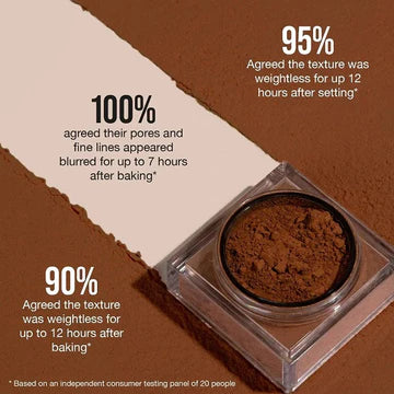 HUDA BEAUTY Easy Bake Loose Powder in Peach Pie shade - luxury pink jar with black lid and gold branding