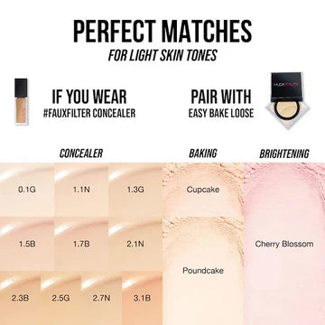 "HUDA BEAUTY Easy Bake Loose Baking & Setting Powder in Cherry Blossom shade, shown as the perfect match for light skin tones. The product display recommends pairing with 'POURCELAIN CONCEALER' for optimal baking and brightening results, with text highlighting 'PERFECT MATCHES' and 'BRIGHTENING' effects