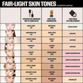 Huda Beauty Easy Blur Foundation shade guide for fair-light skin tones, featuring shade names like Angel Food, Vanilla, and Marshmallow with undertone codes (e.g., 110N, 120B).