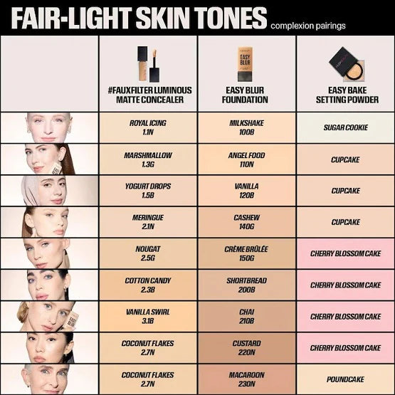 Huda Beauty Easy Blur Foundation shade guide for fair-light skin tones, featuring shade names like Angel Food, Vanilla, and Marshmallow with undertone codes (e.g., 110N, 120B).