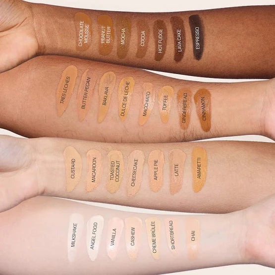 Huda Beauty Easy Blur Foundation in shade Angel Food, a lightweight airbrush foundation for fair-light skin tones with a natural matte finish