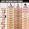 HUDA BEAUTY shade matching chart for light-medium skin tones featuring Toasted Coconut and other shade options