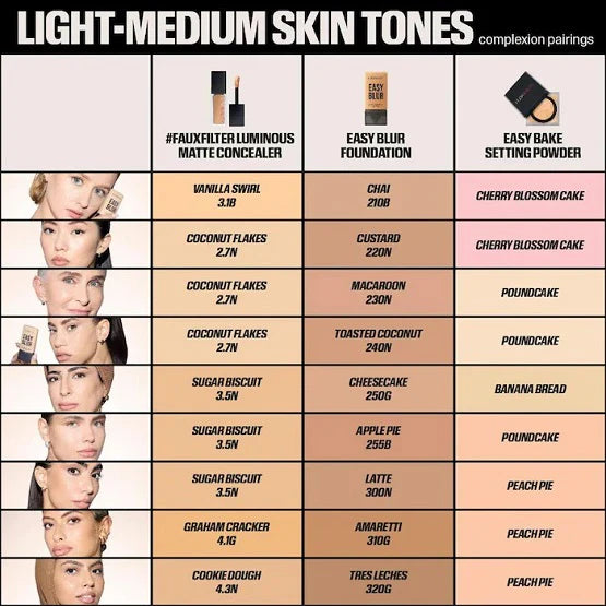 HUDA BEAUTY shade matching chart for light-medium skin tones featuring Toasted Coconut and other shade options