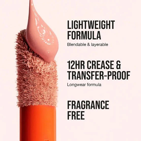 HUDA BEAUTY FauxFilter Brightening Under Eye Color Corrector in Peach shade, featuring text highlighting its lightweight, blendable formula that's crease-proof and transfer-resistant for 12 hours of wear. The product description emphasizes its longwear capabilities and fragrance-free formula.