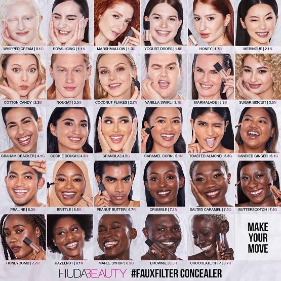 Huda Beauty #FauxFilter Luminous Matte Liquid Concealer with doe-foot applicator and product swatch