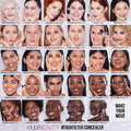 Huda Beauty #FauxFilter Concealer shade chart showing 29 diverse skin tones and shade names with models wearing each