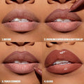 Step-by-step tutorial showing how to apply Huda Beauty lip liner and gloss for fuller lips