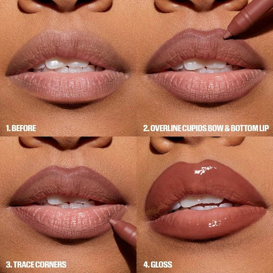 Step-by-step tutorial showing how to apply Huda Beauty lip liner and gloss for fuller lips