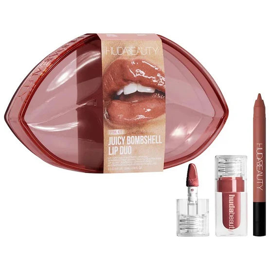 Front view of Huda Beauty Juicy Bombshell lip duo packaging showing product name